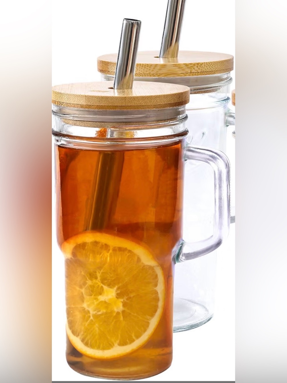 Clear Glass Travel Tumbler 24oz  with Bamboo Lid and Metal Straw